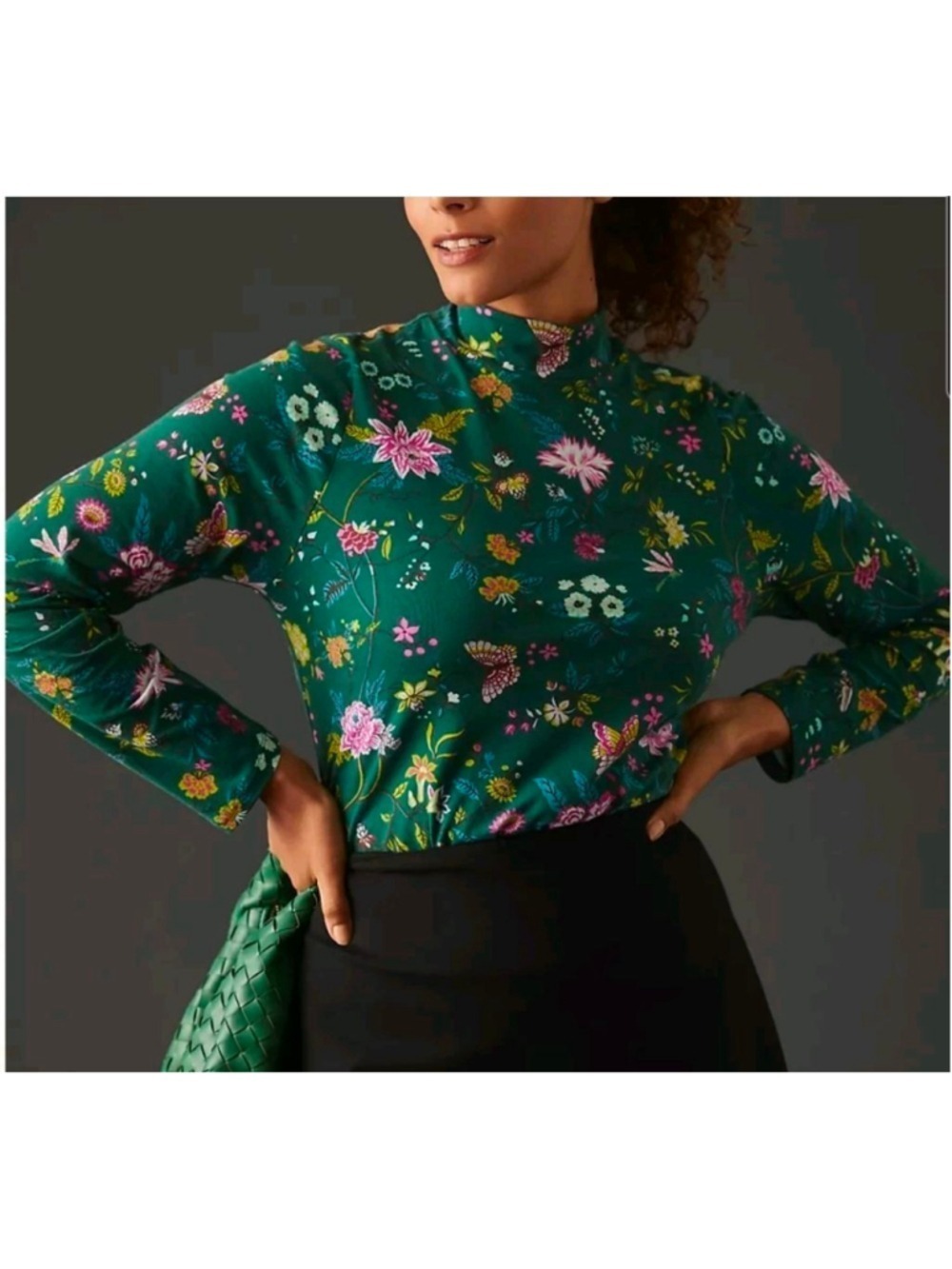 Anthropologie Maeve Printed Turtleneck Top Green Floral Sz XS